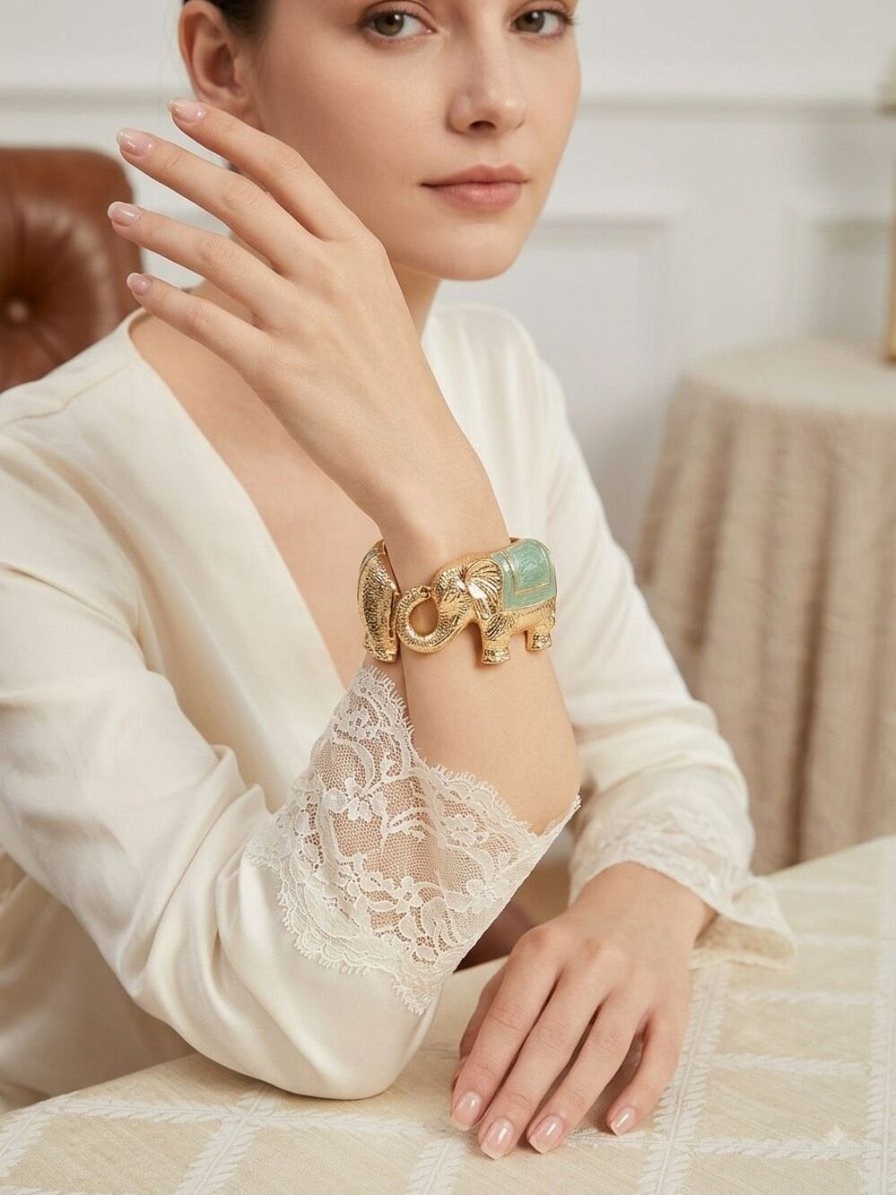 Gold Tone Textured Elephant Hinged Cuff Bracelet | Mint Green Enamel Trunk-Up St